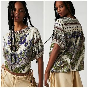 Free People Boho Cream Blue Brown Oversized Cotton Luly Tee Top, M
